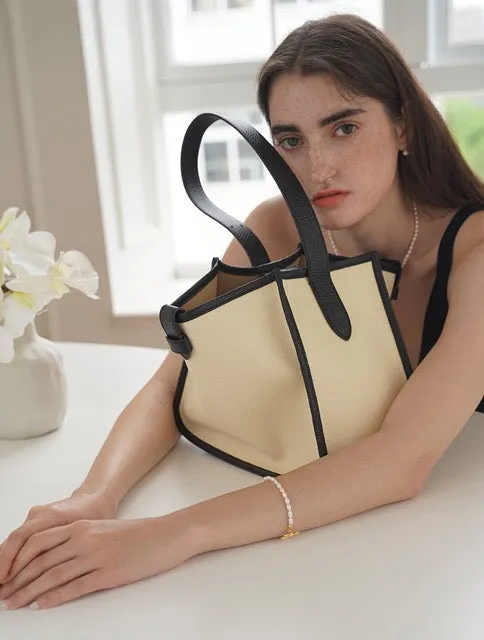 Large Square Commuter Tote Bag | Top Handle Bag in Canvas & Leather _ Black & White