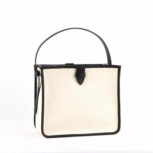 Large Square Commuter Tote Bag | Top Handle Bag in Canvas & Leather _ Black & White