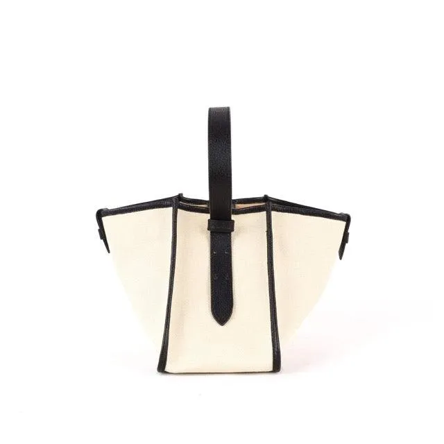 Large Square Commuter Tote Bag | Top Handle Bag in Canvas & Leather _ Black & White
