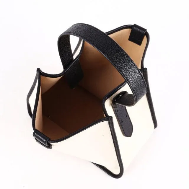 Large Square Commuter Tote Bag | Top Handle Bag in Canvas & Leather _ Black & White