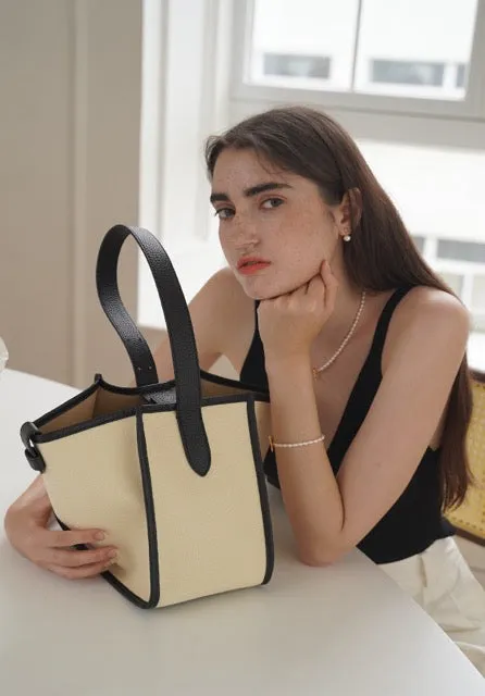 Large Square Commuter Tote Bag | Top Handle Bag in Canvas & Leather _ Black & White