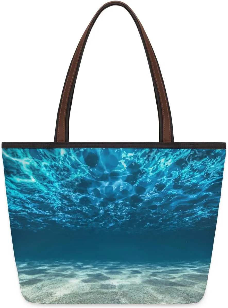Large Tote Bag for Women Ocean Blue Seabed Weekender Bags Waterproof Hand Bag with Zipper and Handle Reusable Grocery Bags Casual Beach Tote Purse for Work Business Travel Vacation Shopping Gym