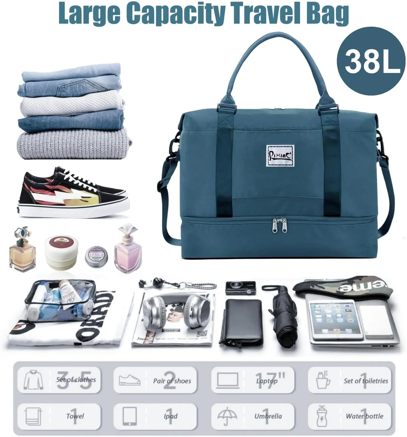 Large Travel Duffle Bag Weekender Bags for Women with Shoes Compartment, Travel Duffel Tote Carry on Overnight Bag for Travel Business Trips, Sport Yoga Gym Bag with Wet Pocket (Peacock Blue)