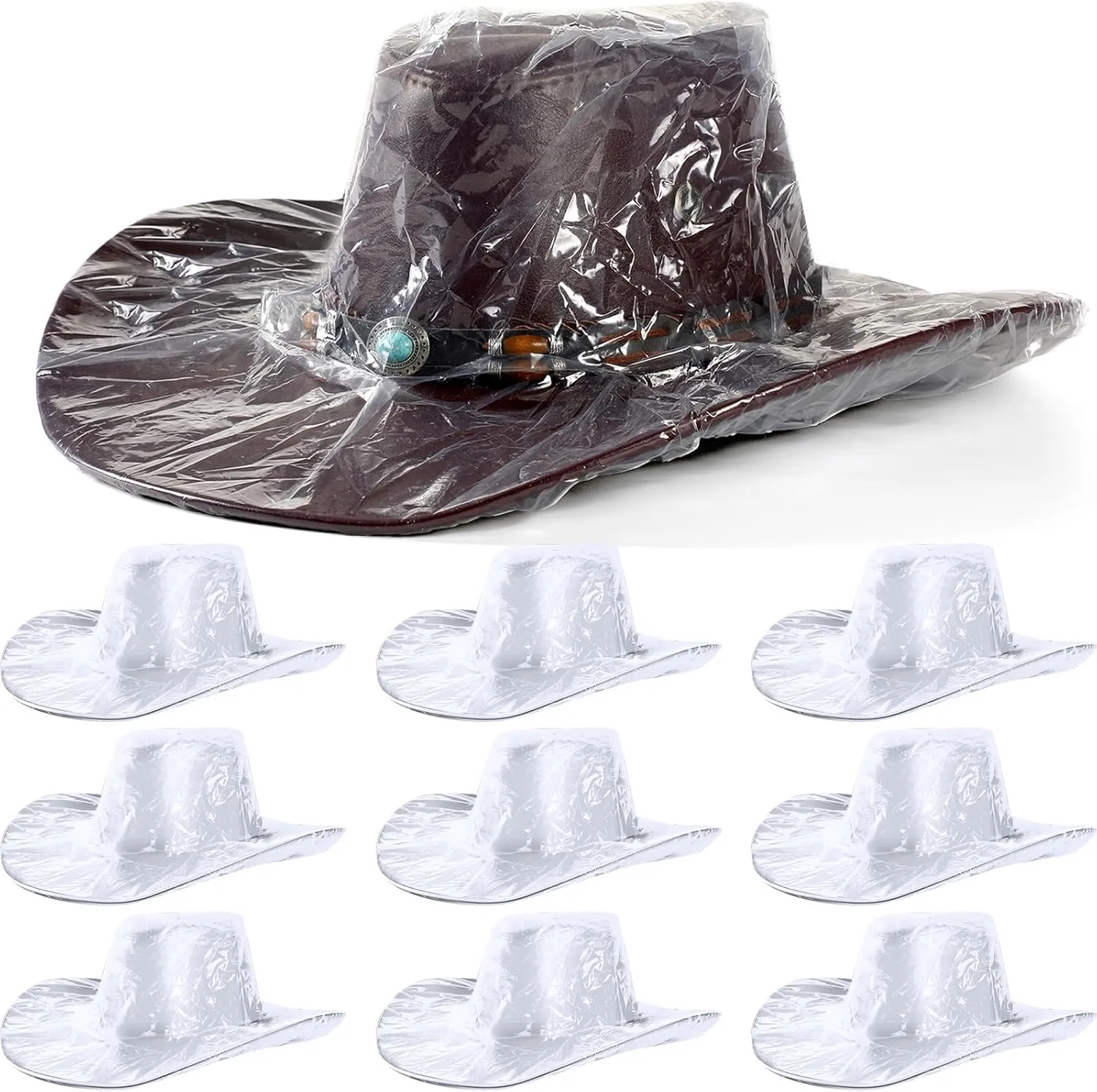 Lasnten 10 Pcs XL Cowboy Hat Cover Protector Plastic Waterproof Hat Elastic Rain Cover Unisex Travel Western Storage