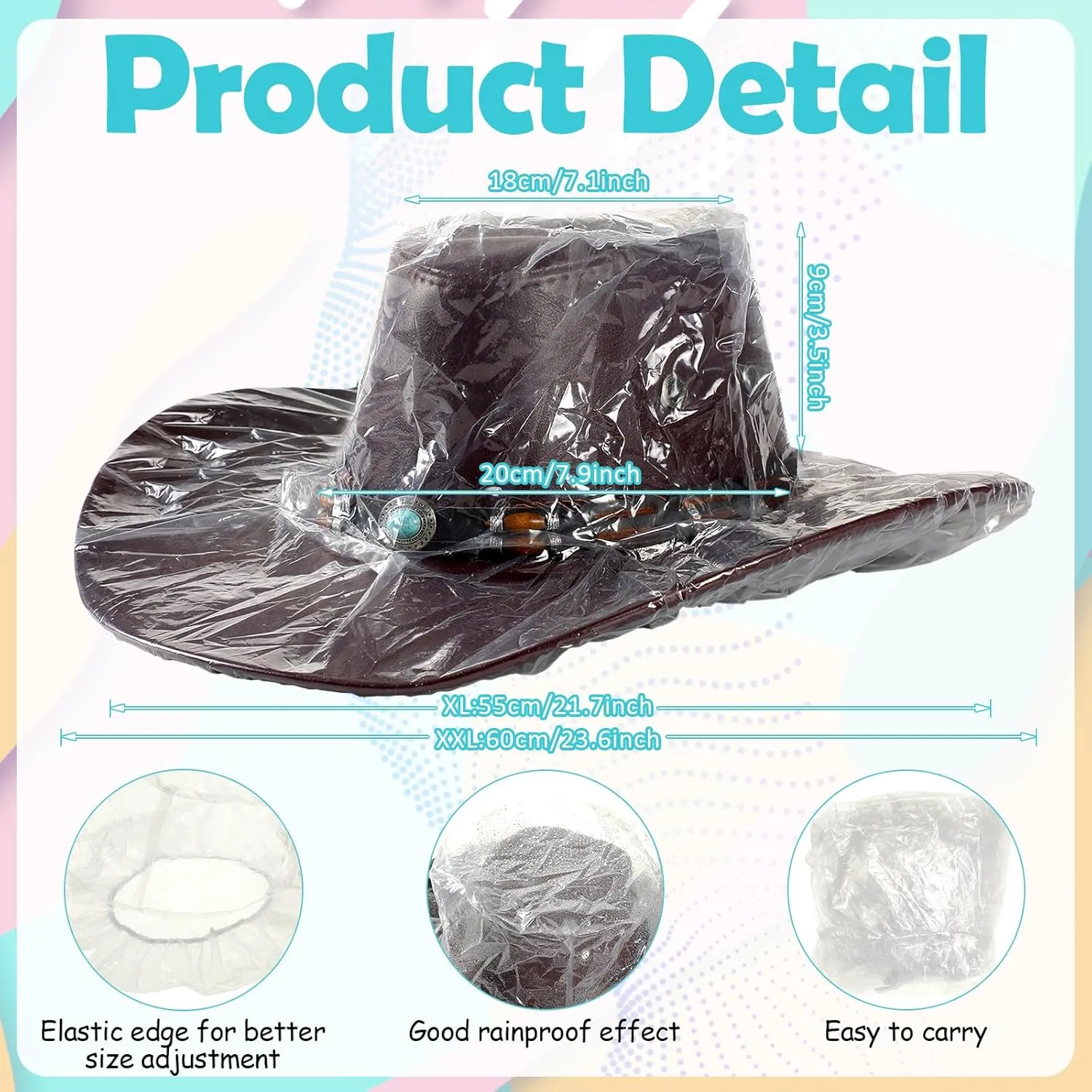 Lasnten 10 Pcs XL Cowboy Hat Cover Protector Plastic Waterproof Hat Elastic Rain Cover Unisex Travel Western Storage