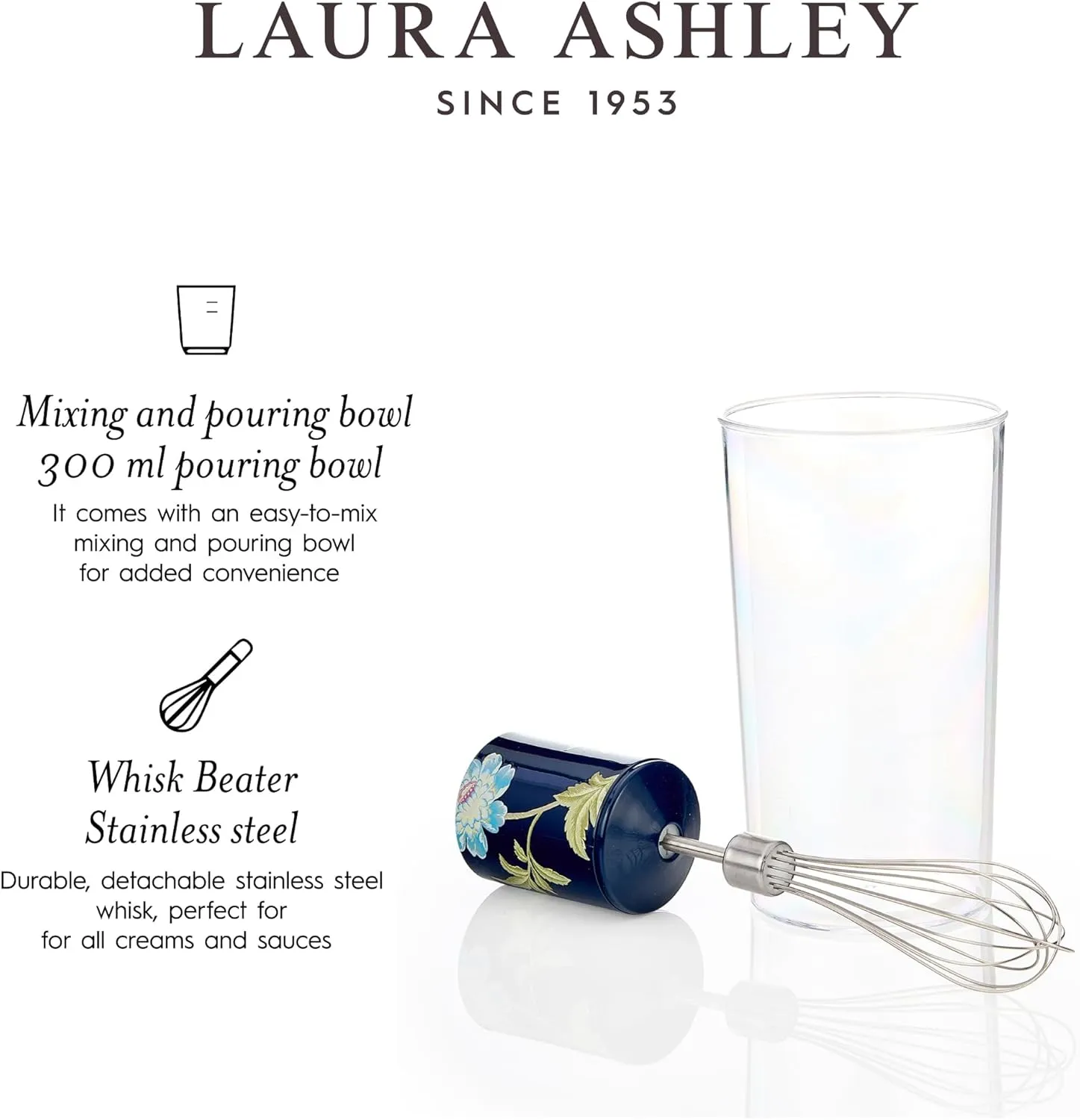 Laura Ashley 150W Immersion Blender Handheld - 4 in 1 Electric Hand Blender for Kitchen with Durable Stainless Steel Blades, Whisk & 300ml Mixing, Pouring Cup - 2 Speed Modes Hand Held Stick Blender