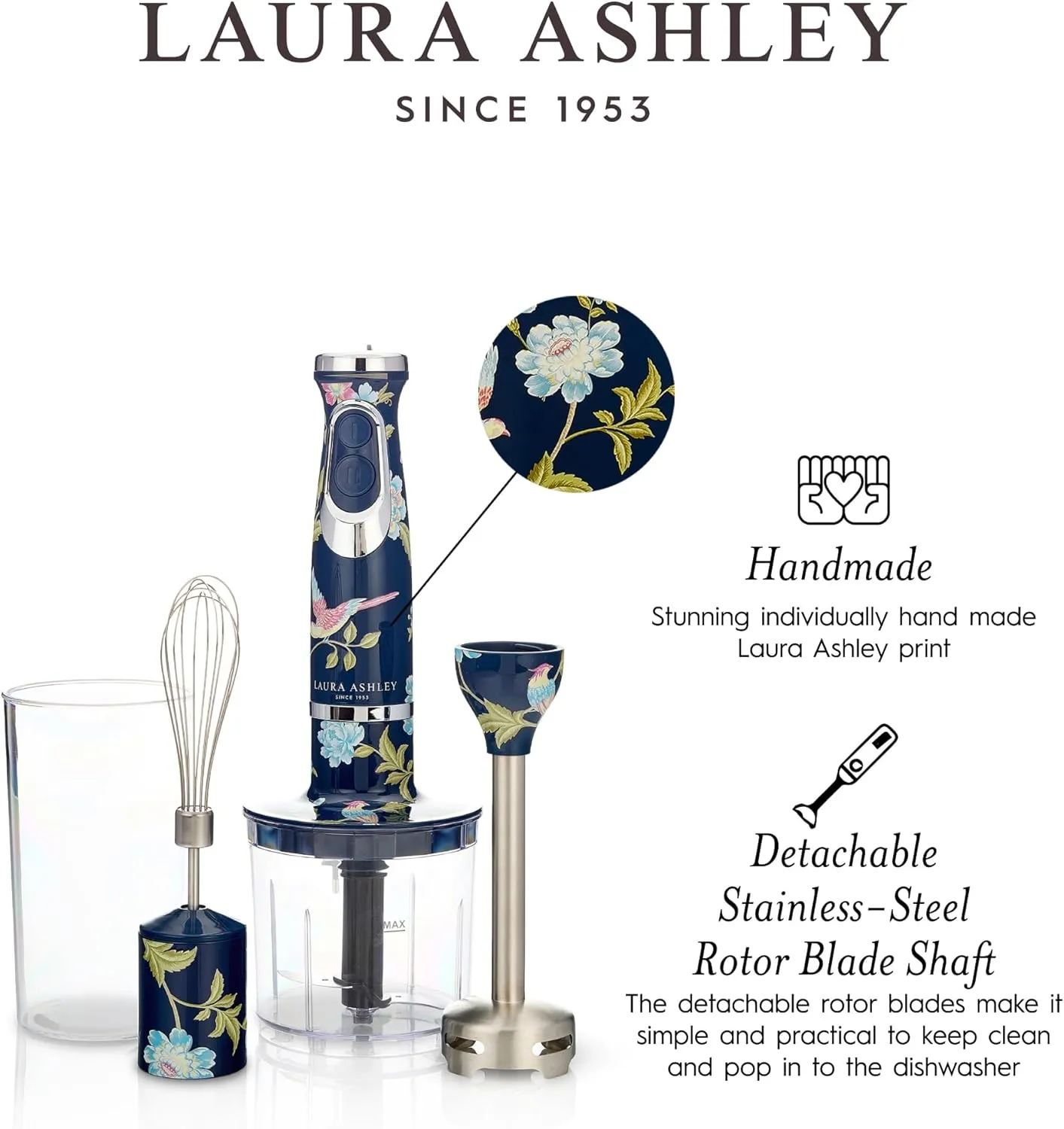 Laura Ashley 150W Immersion Blender Handheld - 4 in 1 Electric Hand Blender for Kitchen with Durable Stainless Steel Blades, Whisk & 300ml Mixing, Pouring Cup - 2 Speed Modes Hand Held Stick Blender