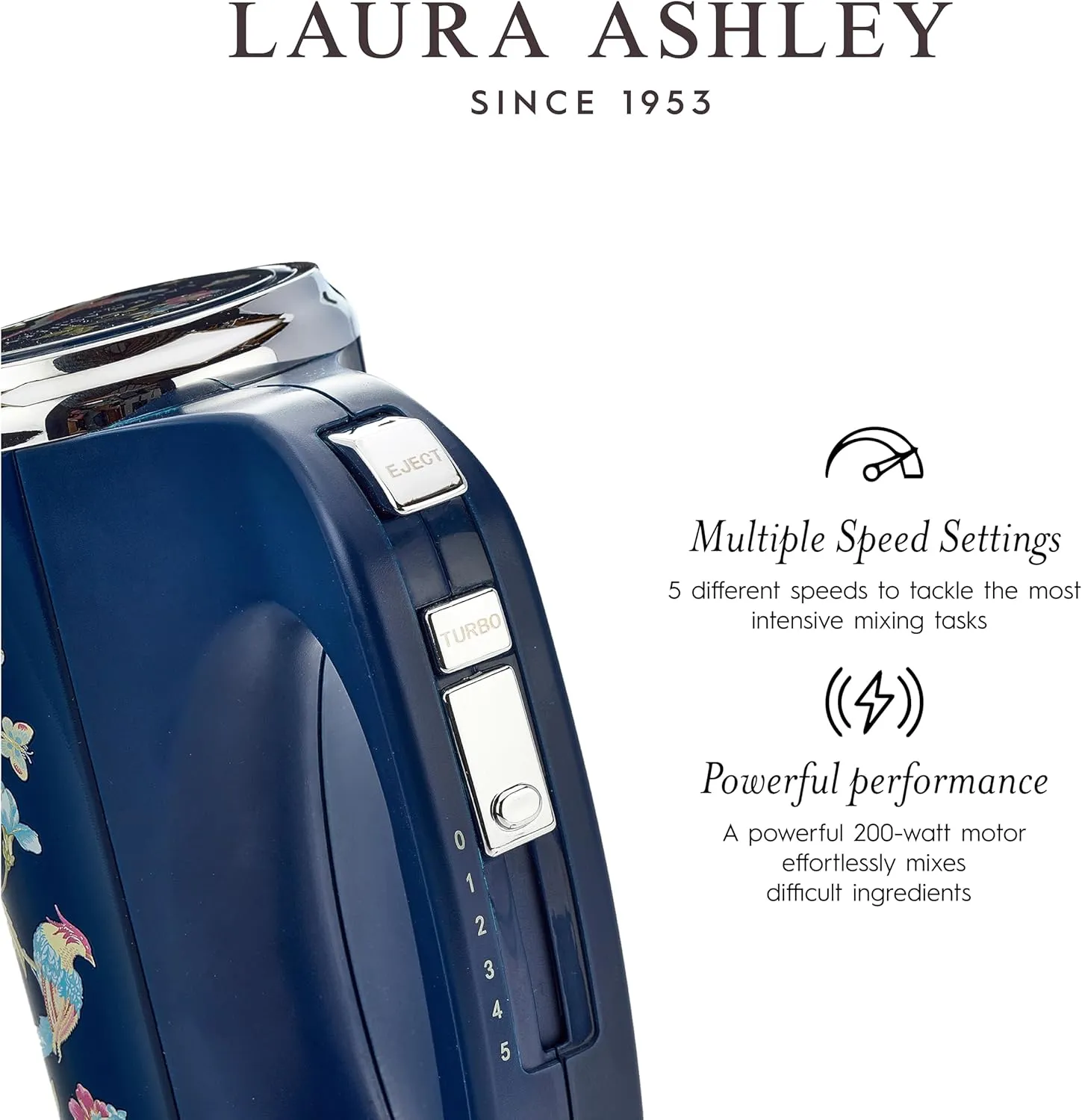 Laura Ashley Hand Mixer Electric Handheld 200W - Hand Held Electric Whisk with 5 Variable Speeds - Hand Mixers with Durable Stainless Steel Beaters - Easy to Clean Light Weight Cake Mixer for Baking