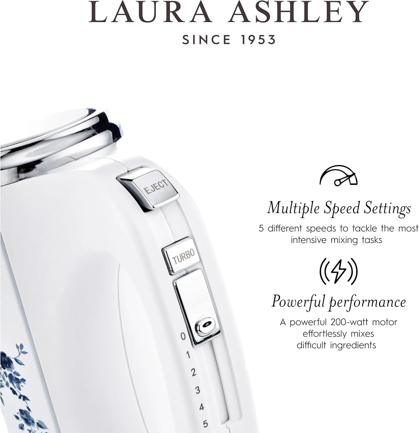 Laura Ashley Hand Mixer Electric Handheld 200W - Hand Held Electric Whisk with 5 Variable Speeds - Hand Mixers with Durable Stainless Steel Beaters - Easy to Clean Light Weight Cake Mixer for Baking