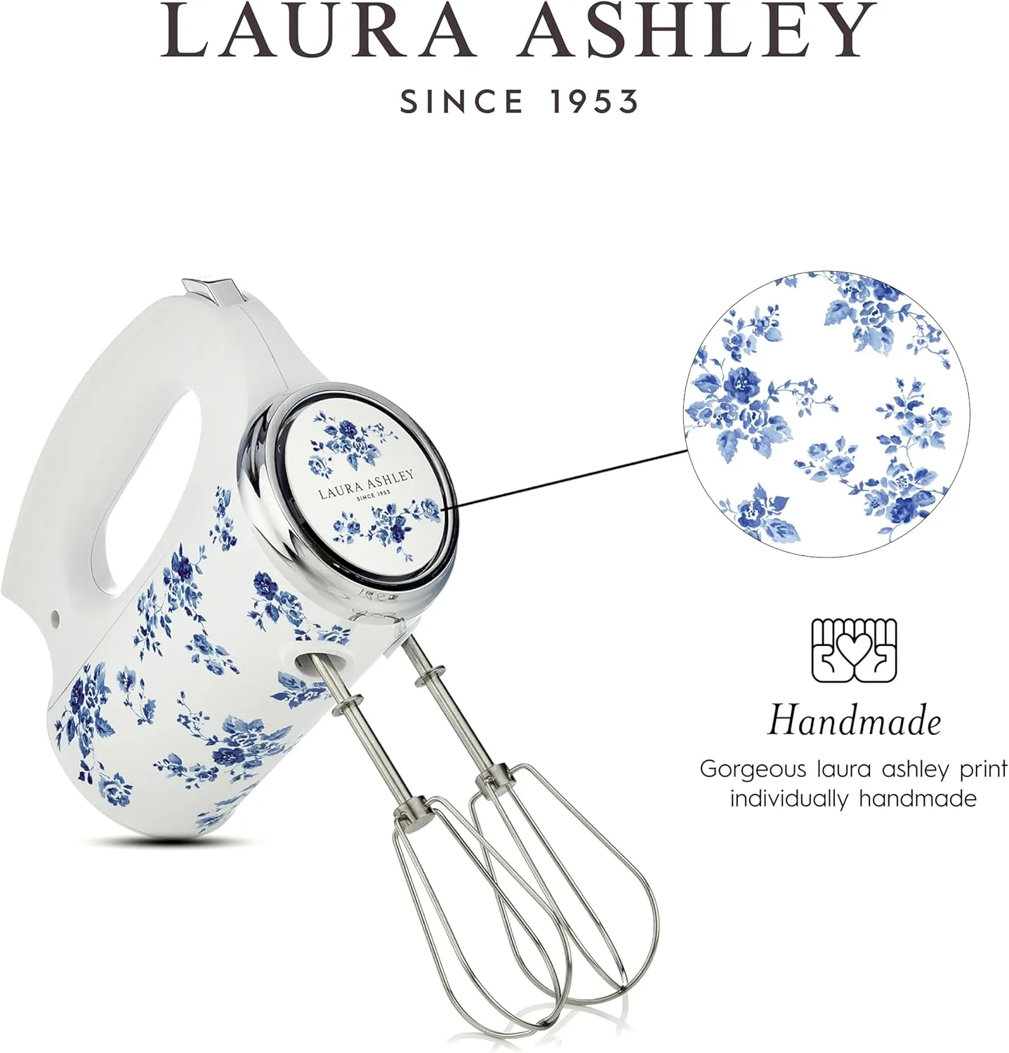 Laura Ashley Hand Mixer Electric Handheld 200W - Hand Held Electric Whisk with 5 Variable Speeds - Hand Mixers with Durable Stainless Steel Beaters - Easy to Clean Light Weight Cake Mixer for Baking