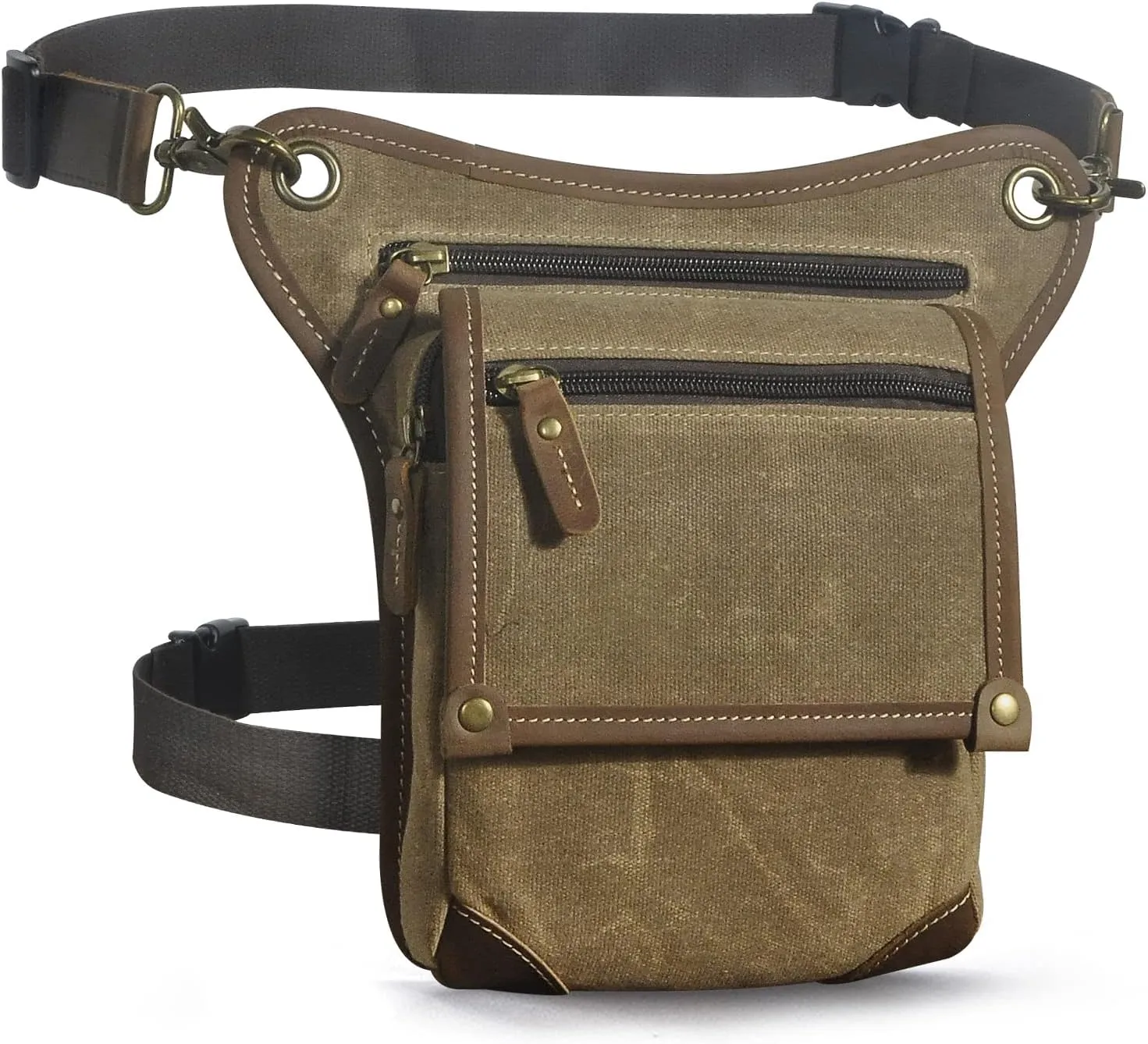 Le'aokuu Mens Canvas And Genuine Leather Messenger Waterproof Hiking Waist Hip Bum Pack Drop Leg Bag 211-4 (Brown)