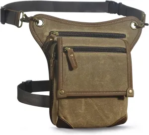 Le'aokuu Mens Canvas And Genuine Leather Messenger Waterproof Hiking Waist Hip Bum Pack Drop Leg Bag 211-4 (Brown)