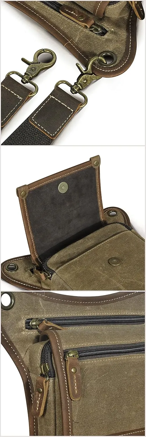 Le'aokuu Mens Canvas And Genuine Leather Messenger Waterproof Hiking Waist Hip Bum Pack Drop Leg Bag 211-4 (Brown)