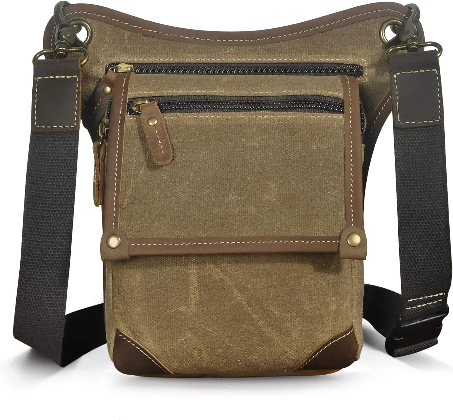 Le'aokuu Mens Canvas And Genuine Leather Messenger Waterproof Hiking Waist Hip Bum Pack Drop Leg Bag 211-4 (Brown)
