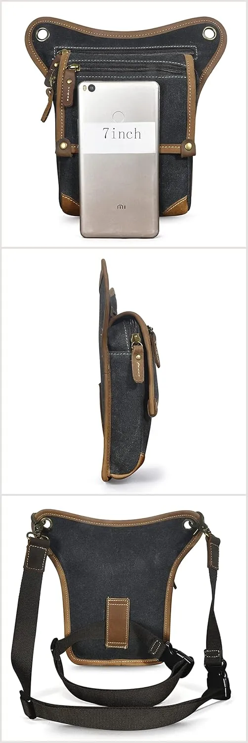 Le'aokuu Mens Canvas And Genuine Leather Messenger Waterproof Hiking Waist Hip Bum Pack Drop Leg Bag 211-4 (Brown)