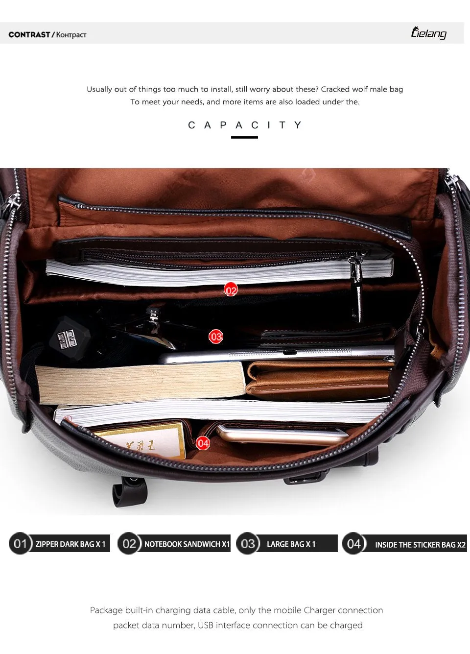 Leather Backpack with External USB Charger