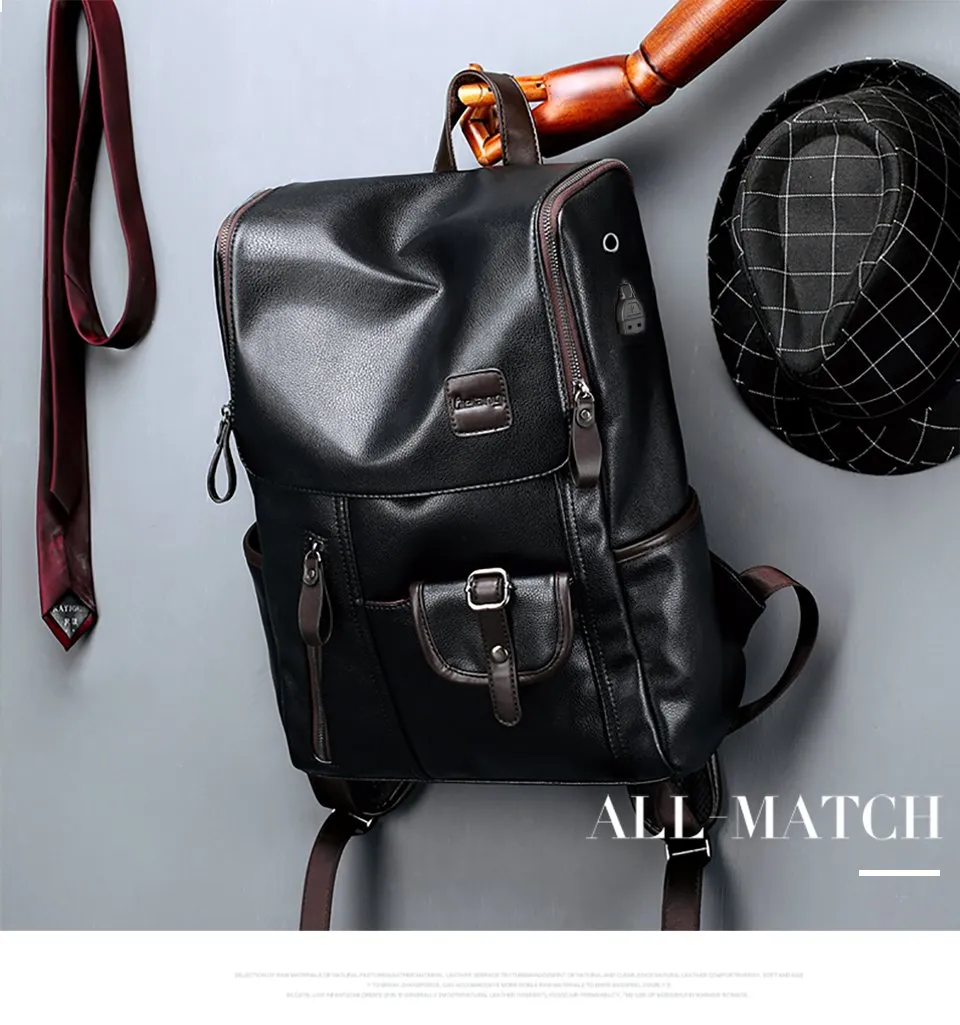 Leather Backpack with External USB Charger