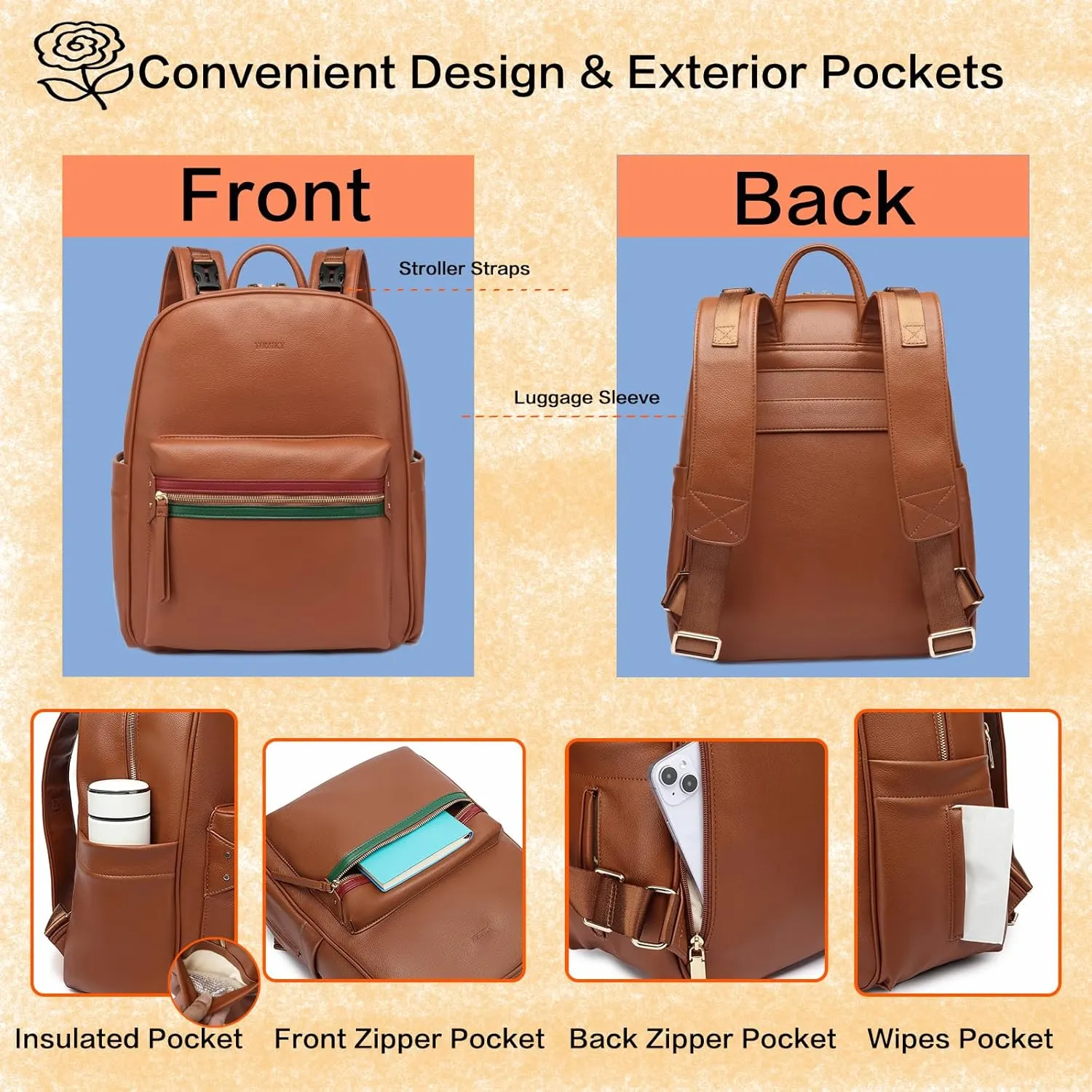 Leather Diaper Bag Backpack for Women with Multiple Pockets,Laptop Compartment and Changing Pad.