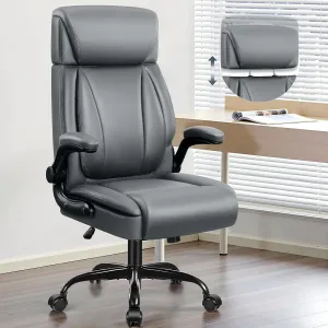 Leather Office Chair, Big and Tall Office Chair Executive Breathable PU Computer Chairs with Lumbar Support, High Back Home Desk Chairs with Flip-up Armrests, Adjustable Headrest