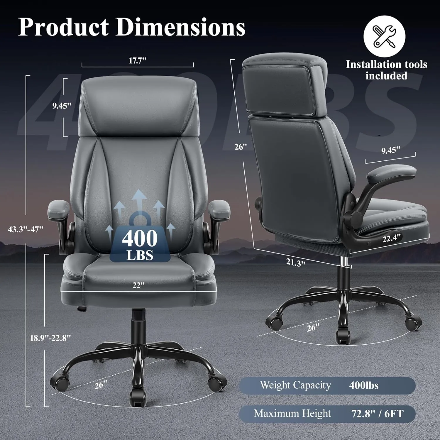 Leather Office Chair, Big and Tall Office Chair Executive Breathable PU Computer Chairs with Lumbar Support, High Back Home Desk Chairs with Flip-up Armrests, Adjustable Headrest