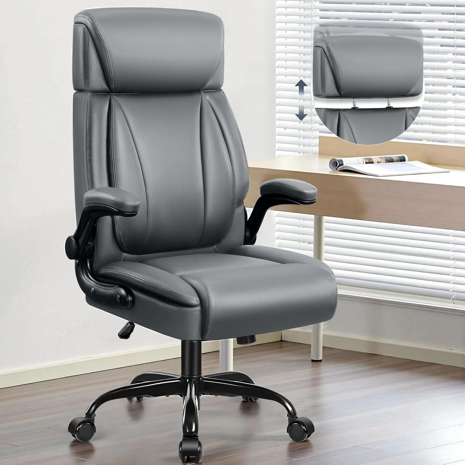 Leather Office Chair, Big and Tall Office Chair Executive Breathable PU Computer Chairs with Lumbar Support, High Back Home Desk Chairs with Flip-up Armrests, Adjustable Headrest