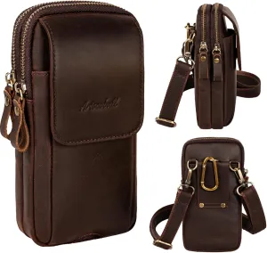 Leather Vertical Men Cell Phone Holster, Leather Cell Phone Holster, Vertical Belt Clip Cellphone Pouch, Dual Pocket Universal Smartphone Pouch Bag (Dark Coffee)
