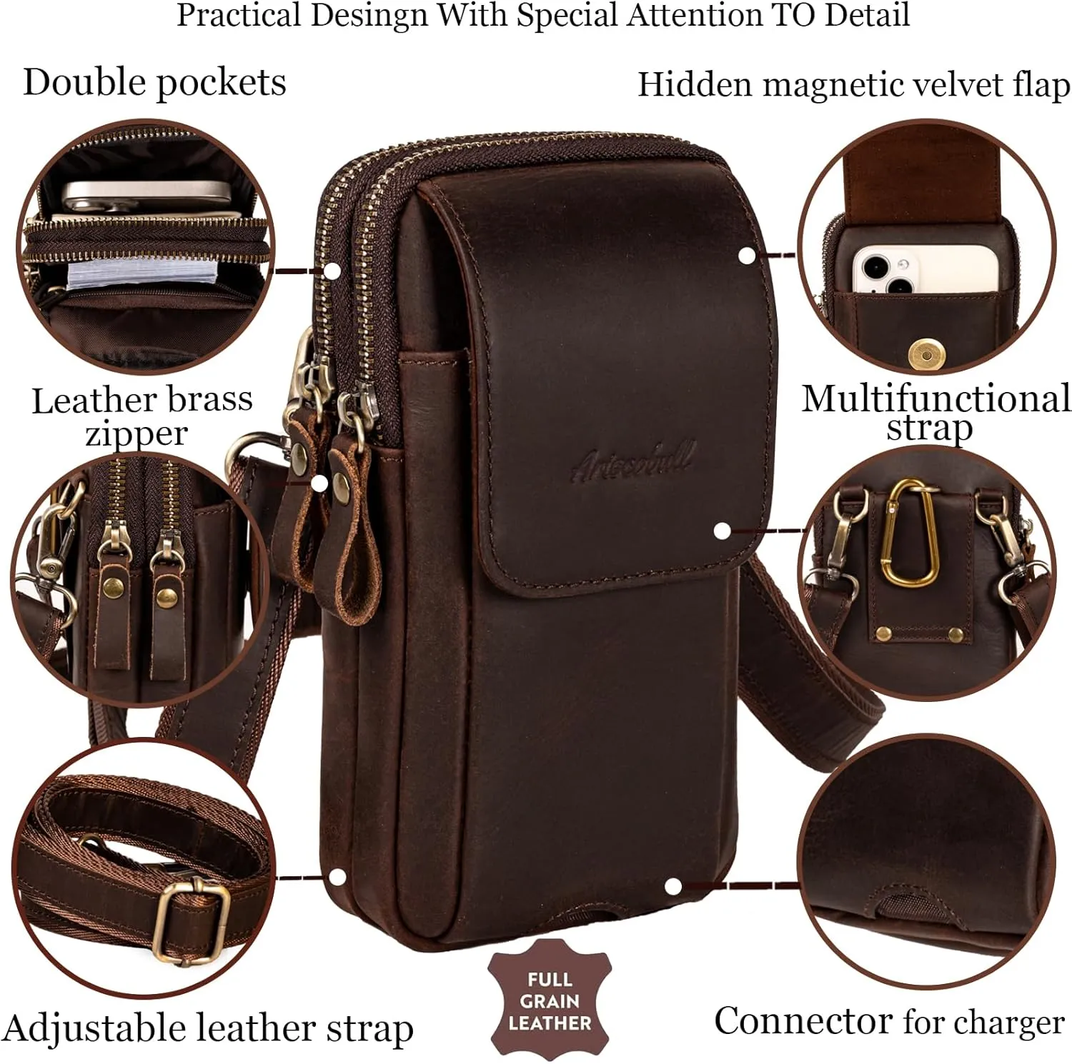 Leather Vertical Men Cell Phone Holster, Leather Cell Phone Holster, Vertical Belt Clip Cellphone Pouch, Dual Pocket Universal Smartphone Pouch Bag (Dark Coffee)