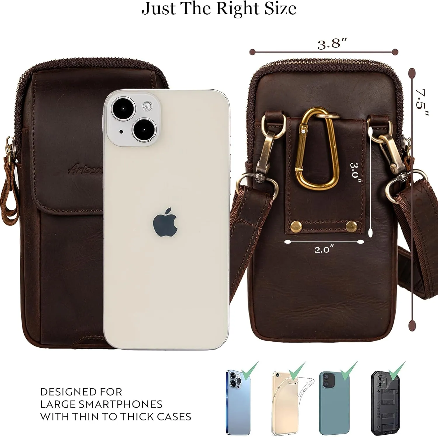 Leather Vertical Men Cell Phone Holster, Leather Cell Phone Holster, Vertical Belt Clip Cellphone Pouch, Dual Pocket Universal Smartphone Pouch Bag (Dark Coffee)