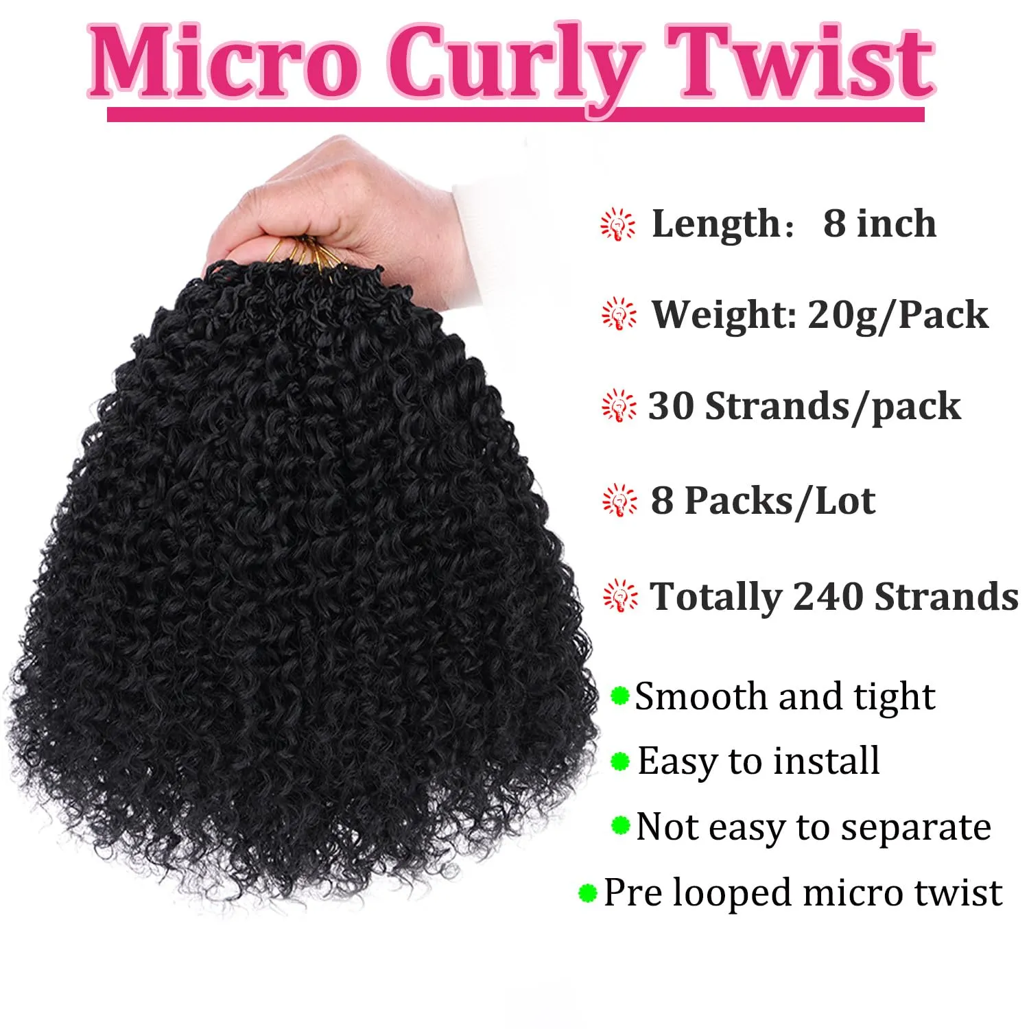 Leeven Pre Looped Micro Curly crochet Hair 8 Inch 8 Packs Black Micro Curly Twist Braiding Hair For Mini Passion Twist (1B#)
