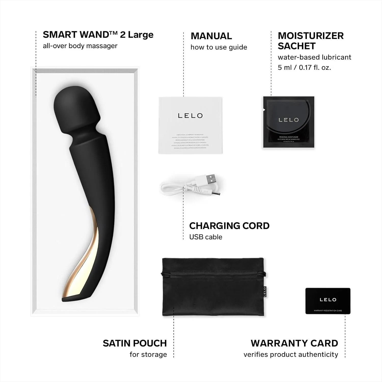 LELO Smart Wand 2 Large All-Over Body Handheld Waterproof Vibrator and Wand Massager, Vibrating Massager for Her and Wand Massagers for Neck and Back with 10 Vibration Patterns, Black