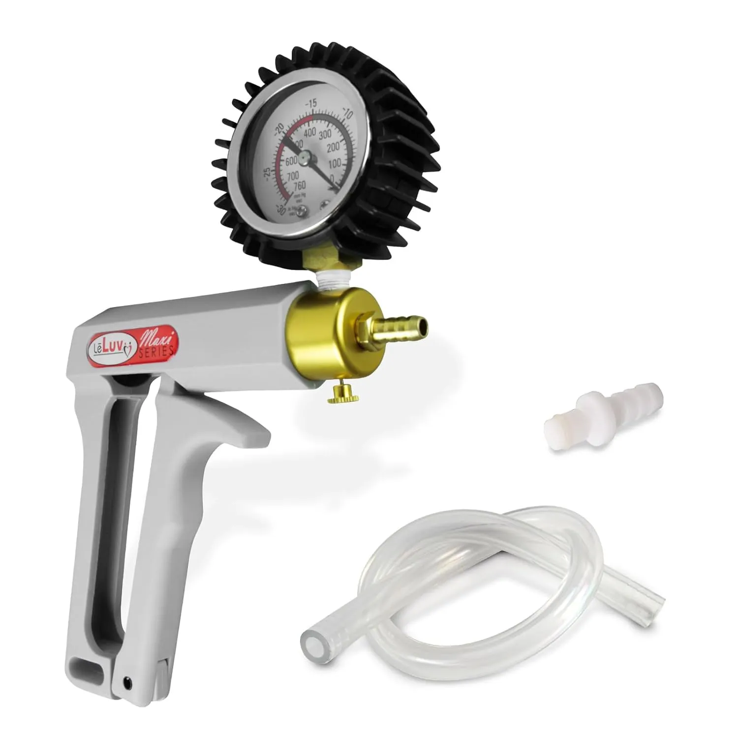 LeLuv Vacuum Pump Grey Maxi Ergonomic Handle with Rubber-Protected Gauge and Release Valve - Bundle with Clear Hose and Fitting