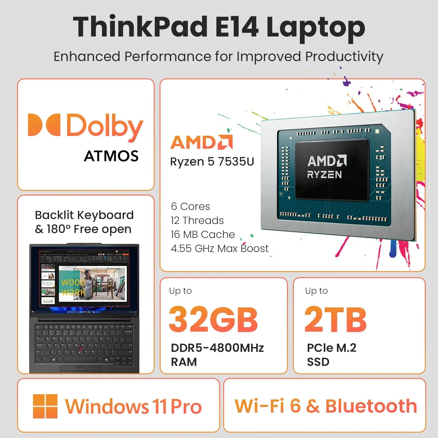 Lenovo ThinkPad E14 Gen 6 Laptop | 14" WUXGA | AMD Ryzen 5 7535U | 16GB DDR5 RAM | 512GB SSD | Fingerprint | Backlit | Wi-Fi 6 | Windows 11 Pro | Bundle with Ergonomic Mouse and ADATA USB Flash Drive