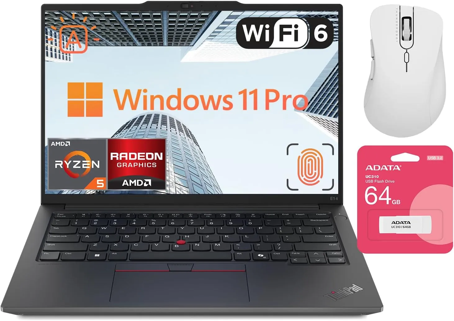 Lenovo ThinkPad E14 Gen 6 Laptop | 14" WUXGA | AMD Ryzen 5 7535U | 16GB DDR5 RAM | 512GB SSD | Fingerprint | Backlit | Wi-Fi 6 | Windows 11 Pro | Bundle with Ergonomic Mouse and ADATA USB Flash Drive