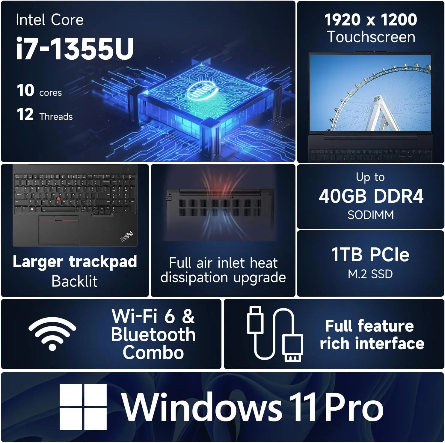 Lenovo ThinkPad E16 Business Laptop, 16" FHD  Touchscreen, Intel i7-1355U, 40GB RAM, 1TB SSD, AI Copilot, Fingerprint, Backlit KB, HDMI, Wi-Fi 6, Windows 11 Pro, Bundle with UC310 64GB USB Flash Drive