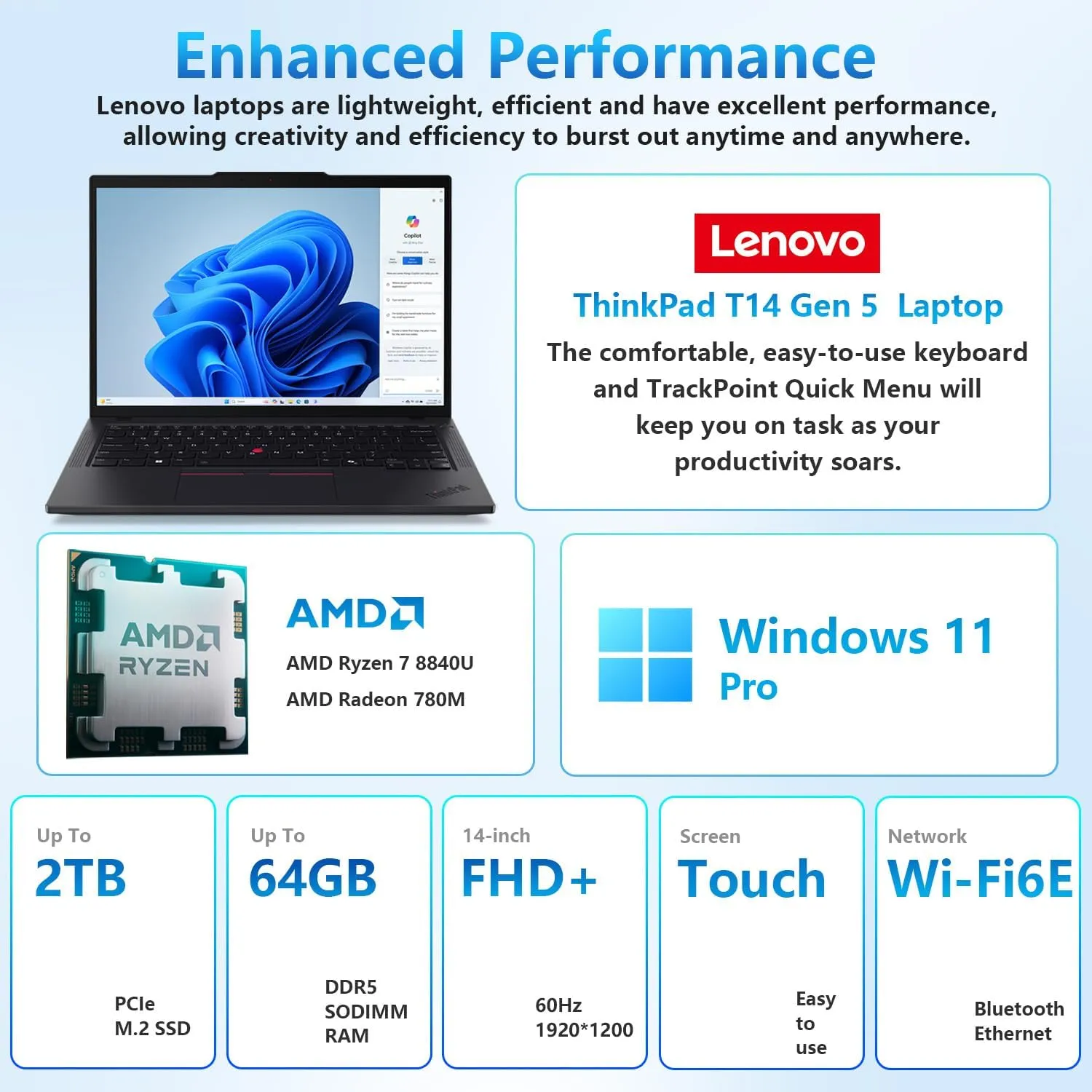 Lenovo ThinkPad T14 Business Laptop, 14" FHD  Touchscreen, AMD Ryzen 7 8840U, AMD Radeon 780M, 64GB DDR5, 2TB SSD, Backlit KB, Fingerprint, Wi-Fi 6E, Win 11 Pro, Bundle with Targus Docking Station