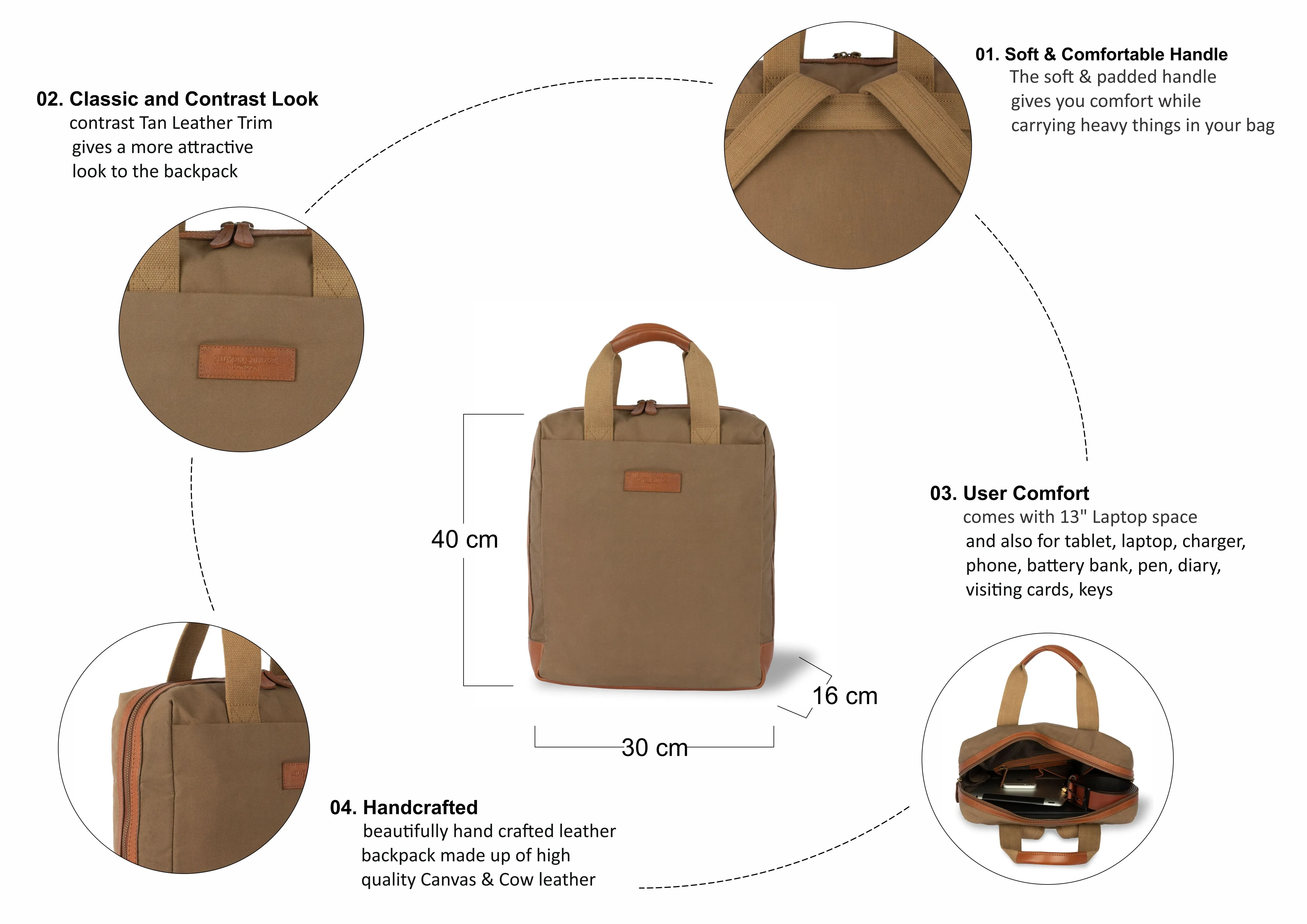 Lenzo Canvas Leather Backpacks - Tan