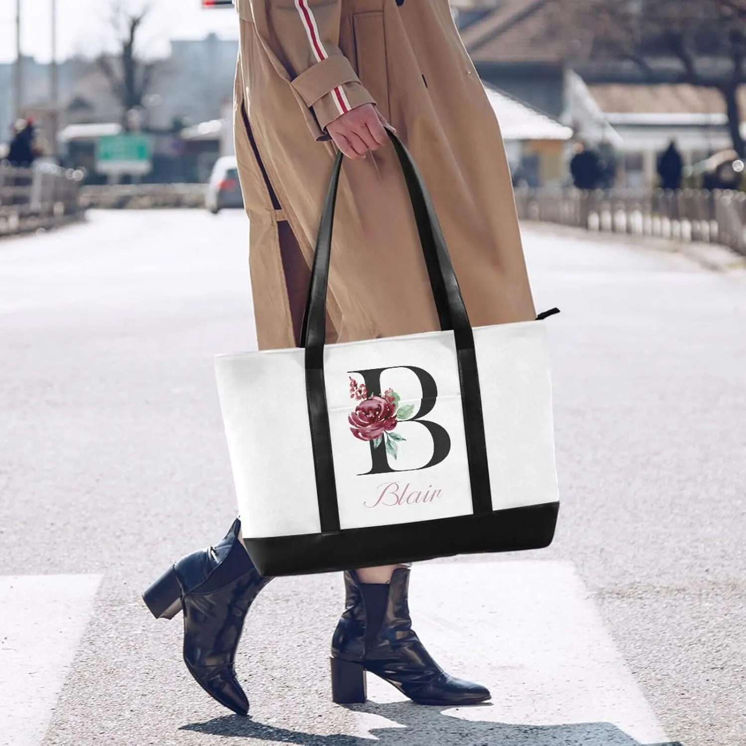 Letter A Customized Laptop Tote Bag for Women Handbags Purse Canvas Teacher Tote Bags Work Travel Bag with Zipper