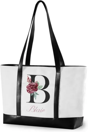 Letter A Customized Laptop Tote Bag for Women Handbags Purse Canvas Teacher Tote Bags Work Travel Bag with Zipper