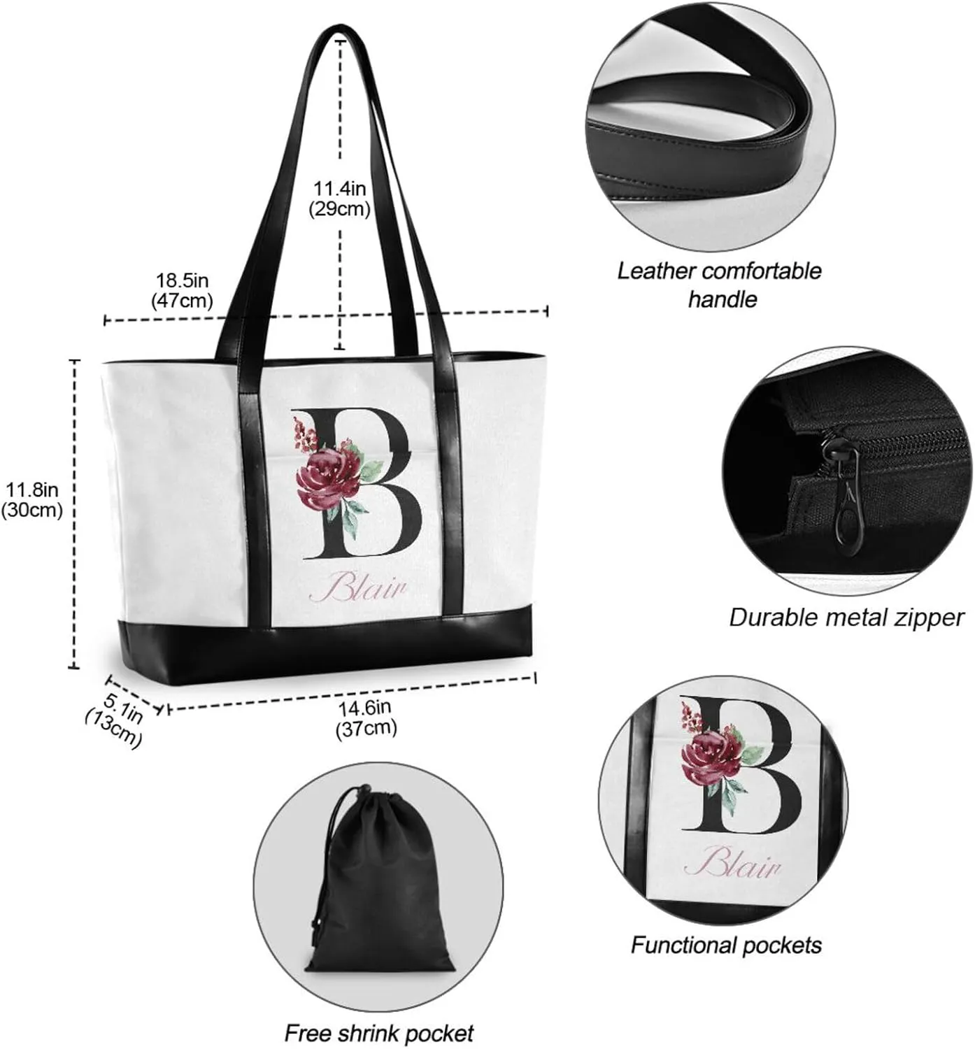 Letter A Customized Laptop Tote Bag for Women Handbags Purse Canvas Teacher Tote Bags Work Travel Bag with Zipper