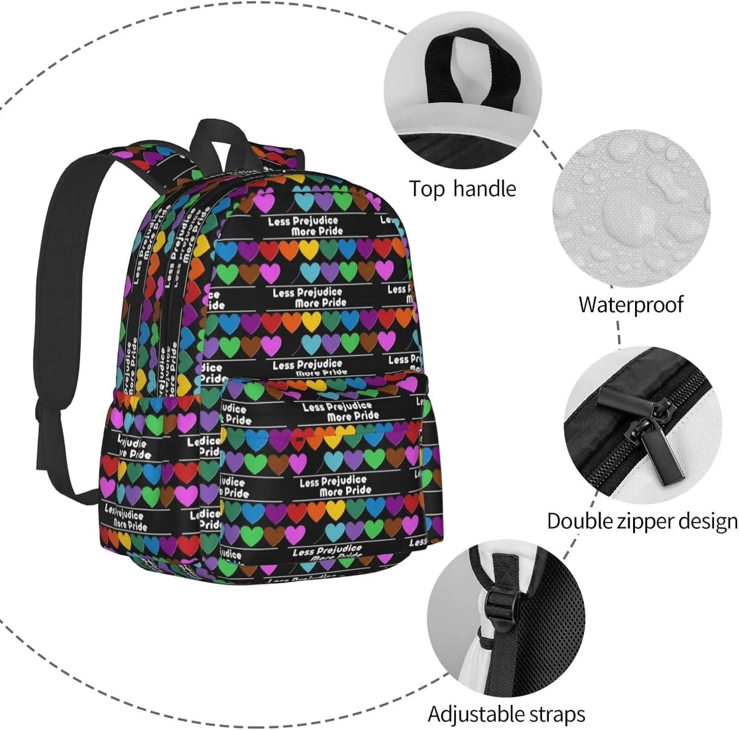 Lgbt Pride Rainbow Gay More Pride Less Prejudice Laptop Backpack Shoulder Bag Laptop Pack Travel Backpacks Commuter Back Pack Casual Daypack Bags With Side Pockets