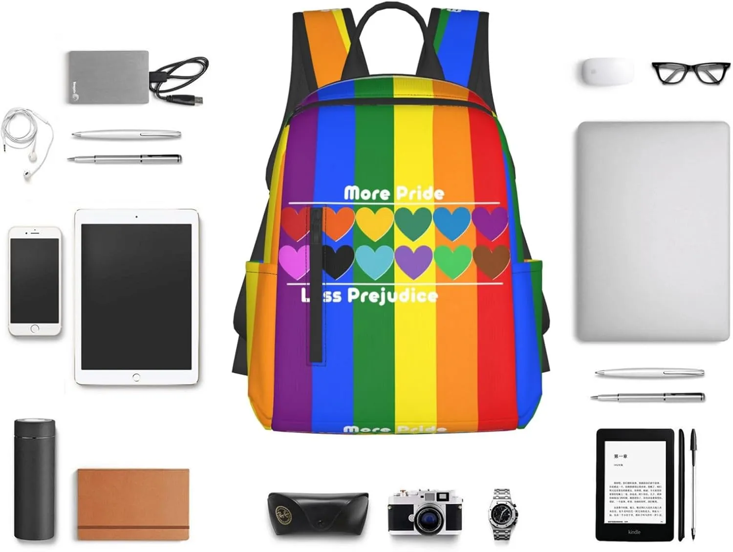 LGBT Rainbow Gay More Pride Less Prejudice Heart Travel Laptop Backpack Casual Backpacks Double Shoulder Daypack Notebook Rucksack Work Bags Sports Bag for Hiking Camping Beach