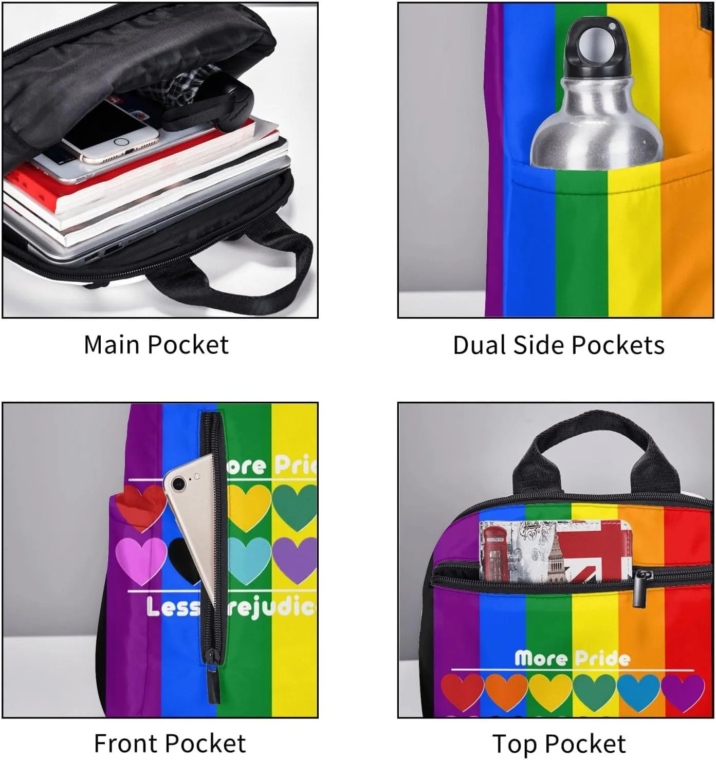 LGBT Rainbow Gay More Pride Less Prejudice Heart Travel Laptop Backpack Casual Backpacks Double Shoulder Daypack Notebook Rucksack Work Bags Sports Bag for Hiking Camping Beach