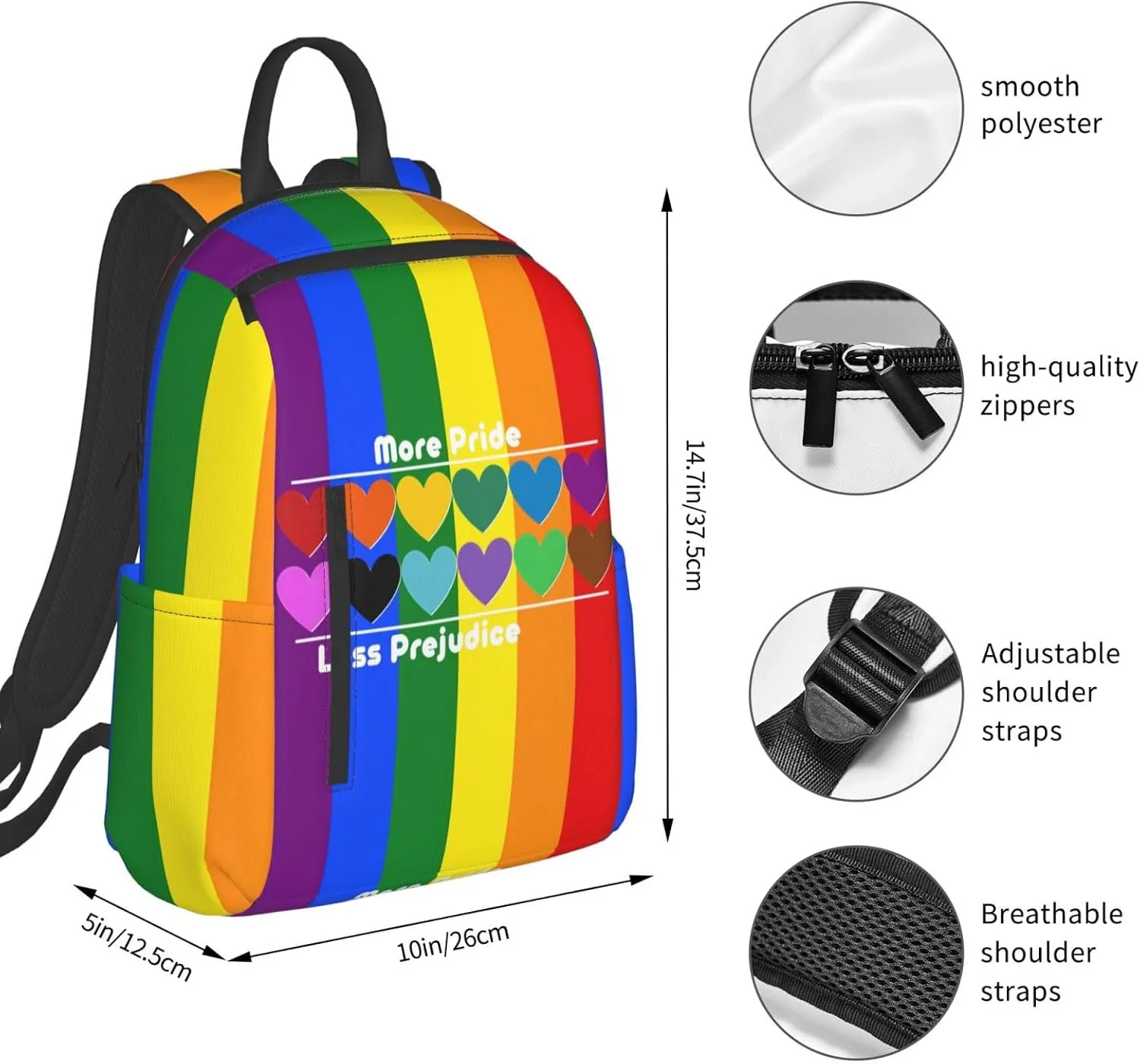 LGBT Rainbow Gay More Pride Less Prejudice Heart Travel Laptop Backpack Casual Backpacks Double Shoulder Daypack Notebook Rucksack Work Bags Sports Bag for Hiking Camping Beach