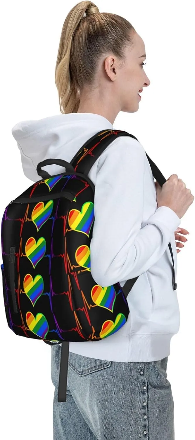 LGBT Rainbow Gay Pride Heart Beat Pulse Travel Laptop Backpack Casual Backpacks Double Shoulder Daypack Notebook Rucksack Work Bags Sports Bag for Hiking Camping Beach