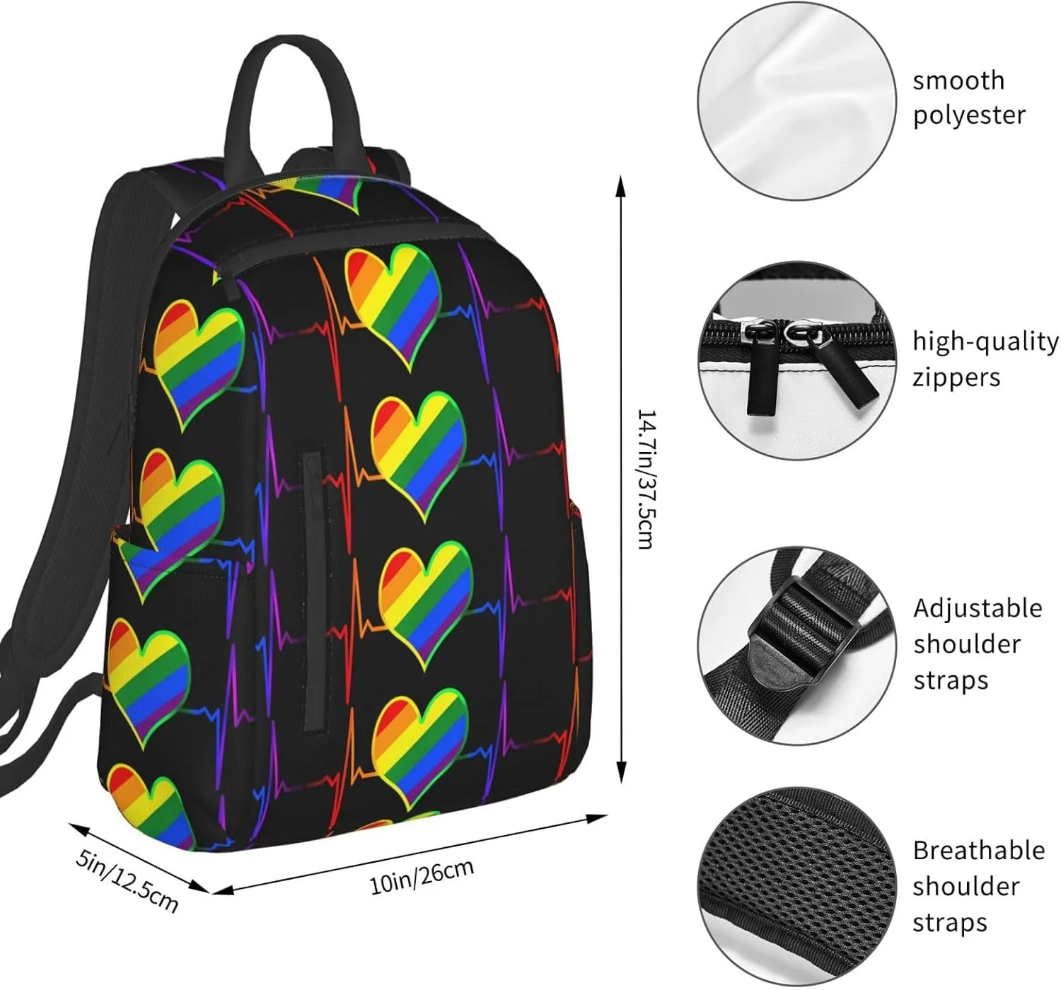 LGBT Rainbow Gay Pride Heart Beat Pulse Travel Laptop Backpack Casual Backpacks Double Shoulder Daypack Notebook Rucksack Work Bags Sports Bag for Hiking Camping Beach