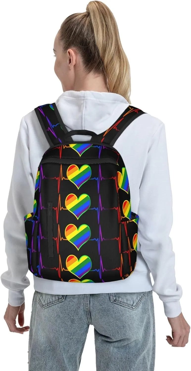 LGBT Rainbow Gay Pride Heart Beat Pulse Travel Laptop Backpack Casual Backpacks Double Shoulder Daypack Notebook Rucksack Work Bags Sports Bag for Hiking Camping Beach