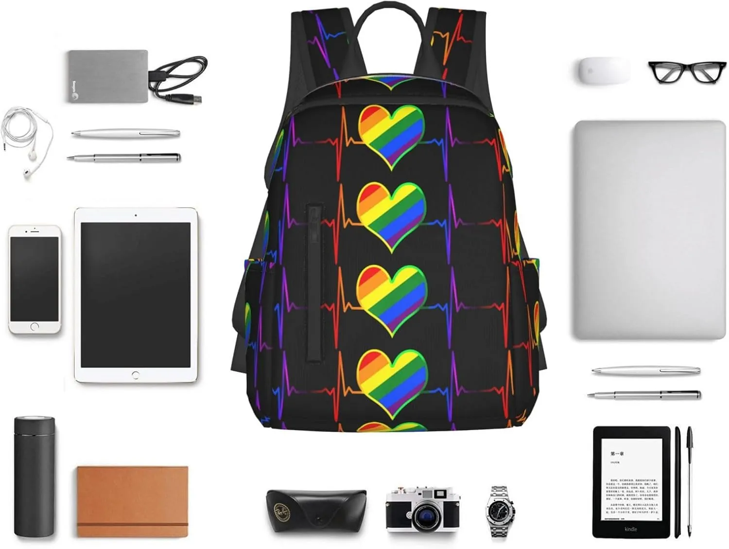 LGBT Rainbow Gay Pride Heart Beat Pulse Travel Laptop Backpack Casual Backpacks Double Shoulder Daypack Notebook Rucksack Work Bags Sports Bag for Hiking Camping Beach