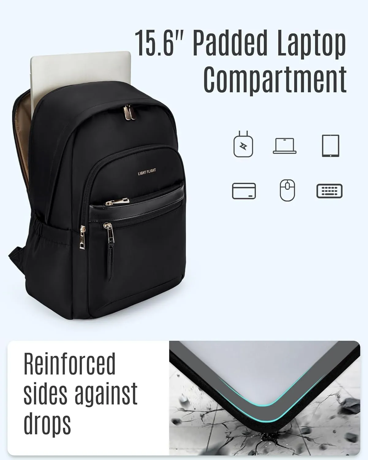 LIGHT FLIGHT Travel Backpack for Women, 15.6 Inch Stylish Laptop Backpack, Computer Bag for College Work Daily, Water-Resistant Casual Daypack with USB Port, Champagne