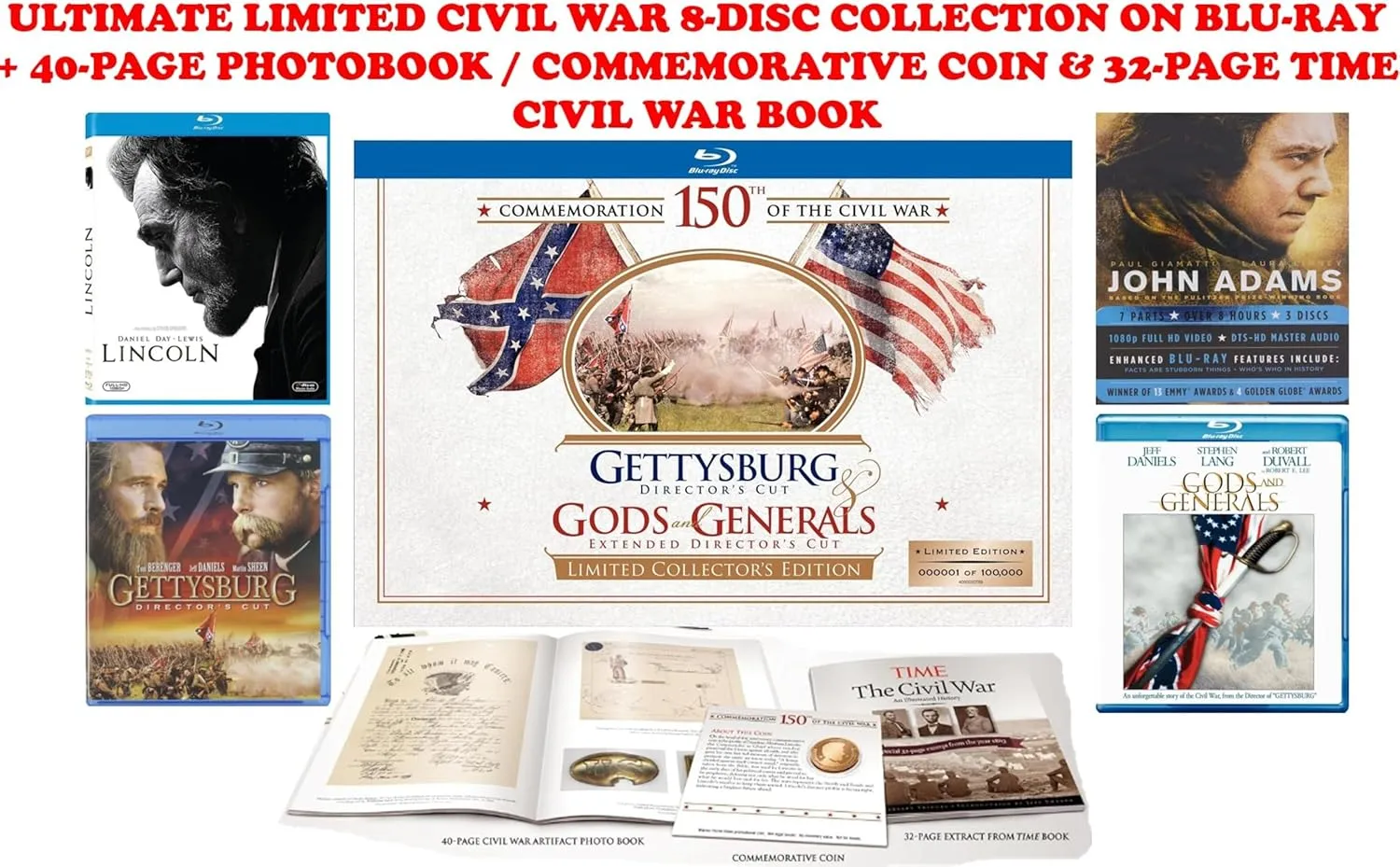 Limited Collectors Edition: John Adams HBO Mini-series/ Lincoln/ Gettysburg & Gods & Generals [Blu-ray, 8-Disc Collection, Over 21-Hrs] Paul Giamatti & Daniel Day-Lewis [Academy Award Winner]Region A