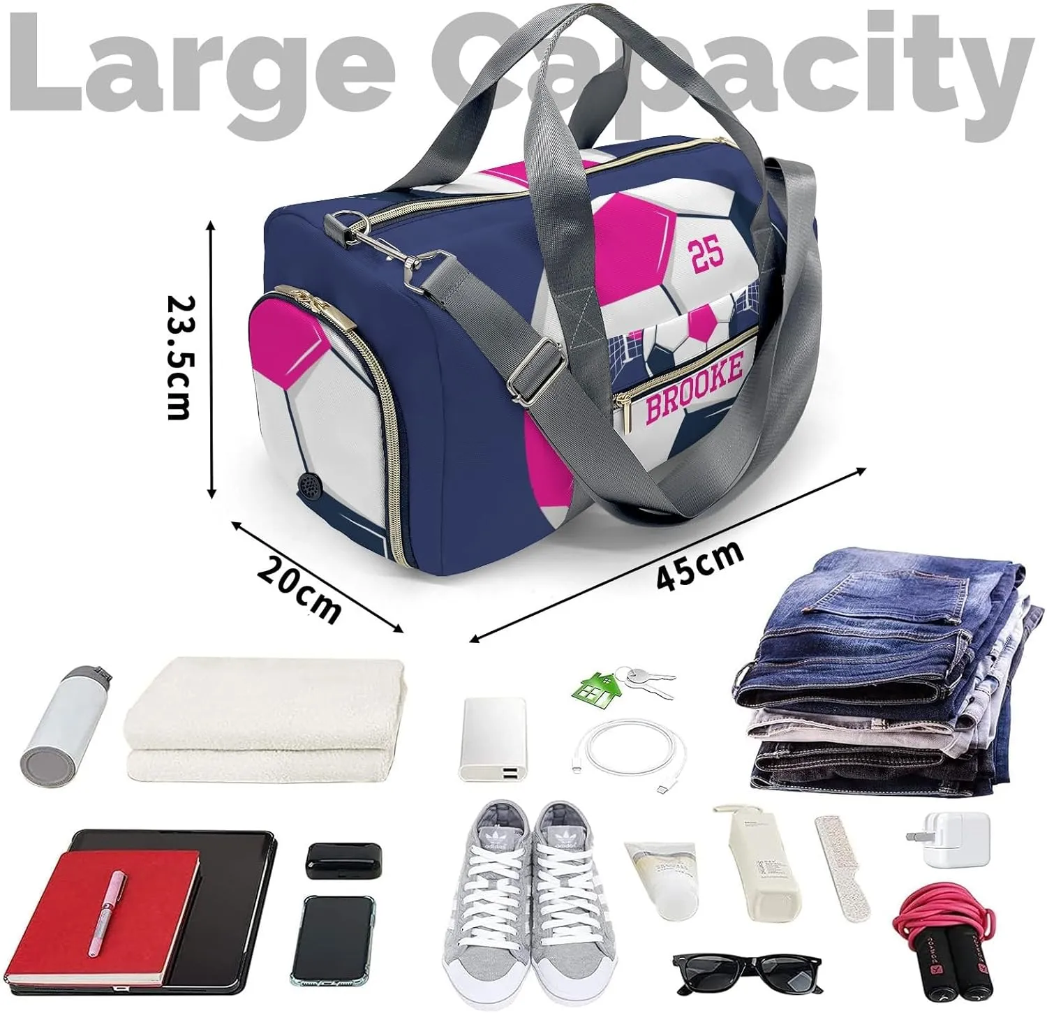Live Love Soccer Pink Personalized Travel Duffel Bag Custom Foldable Waterproof Overnight Bag for Gym Sport Ball Bags Travel Assistant